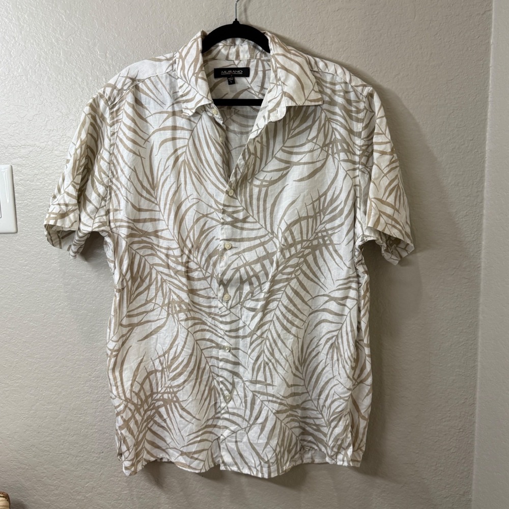 Murano Mens Large 100% Linen Short Sleeve Button Down Palm Leaf Tropical Shirt